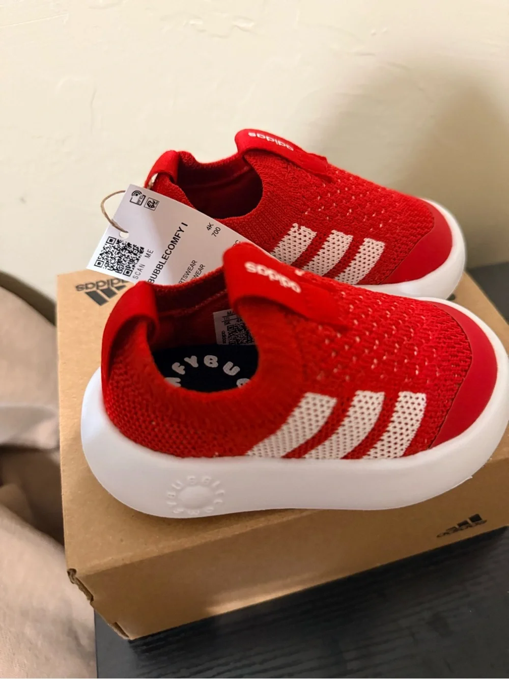 adidas Toddler BubbleComfy Red and White Slip-On Sneakers